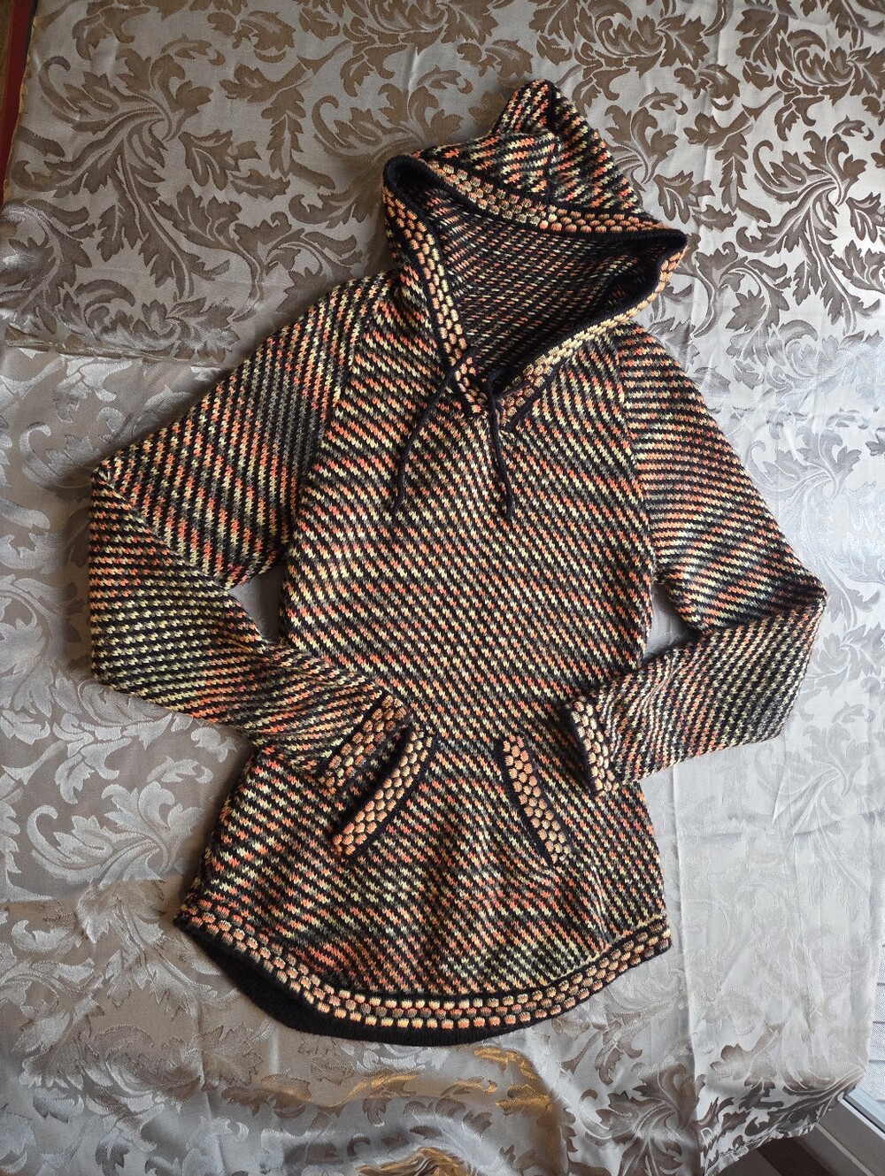 Handmade Multicolor Hooded Knit Sweater Pullover Yellow/orange/black